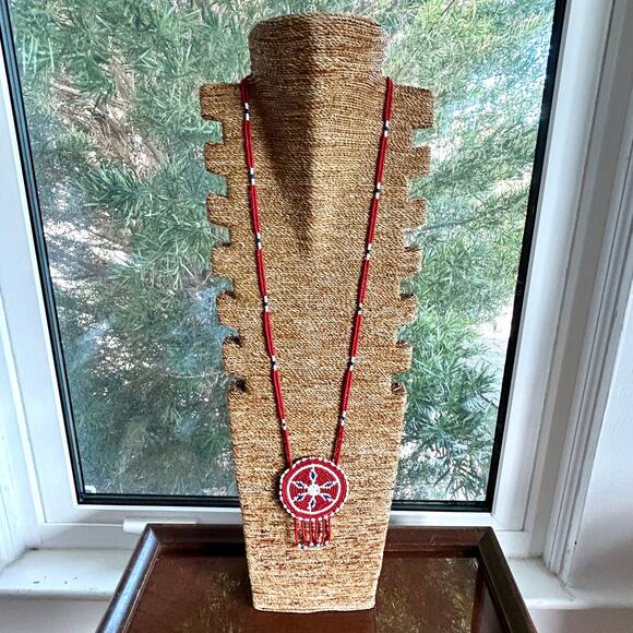 Vintage Beaded Medallion Necklace Red White Blue Southwestern Style - Picture 6 of 12